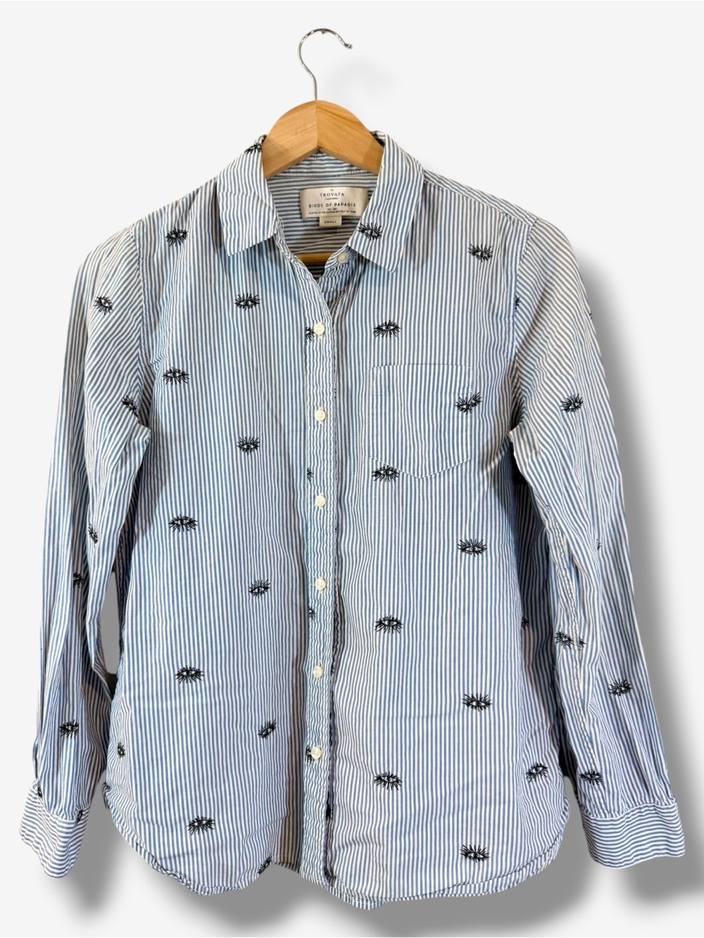 Trovata Birds of Paradis Blue White Striped Button Down Shirt Size S Eye Print